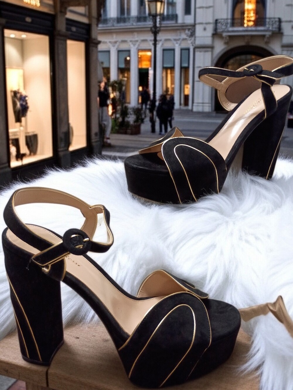 New Gianvito Rossi Tamara Black Suede Gold Trim Platform Sandals 40
